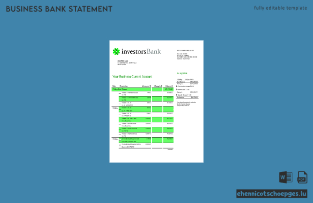 Beispielvorschau eines Kontoauszugs vom Geschäftskonto der Investors Bank (Word und PDF)